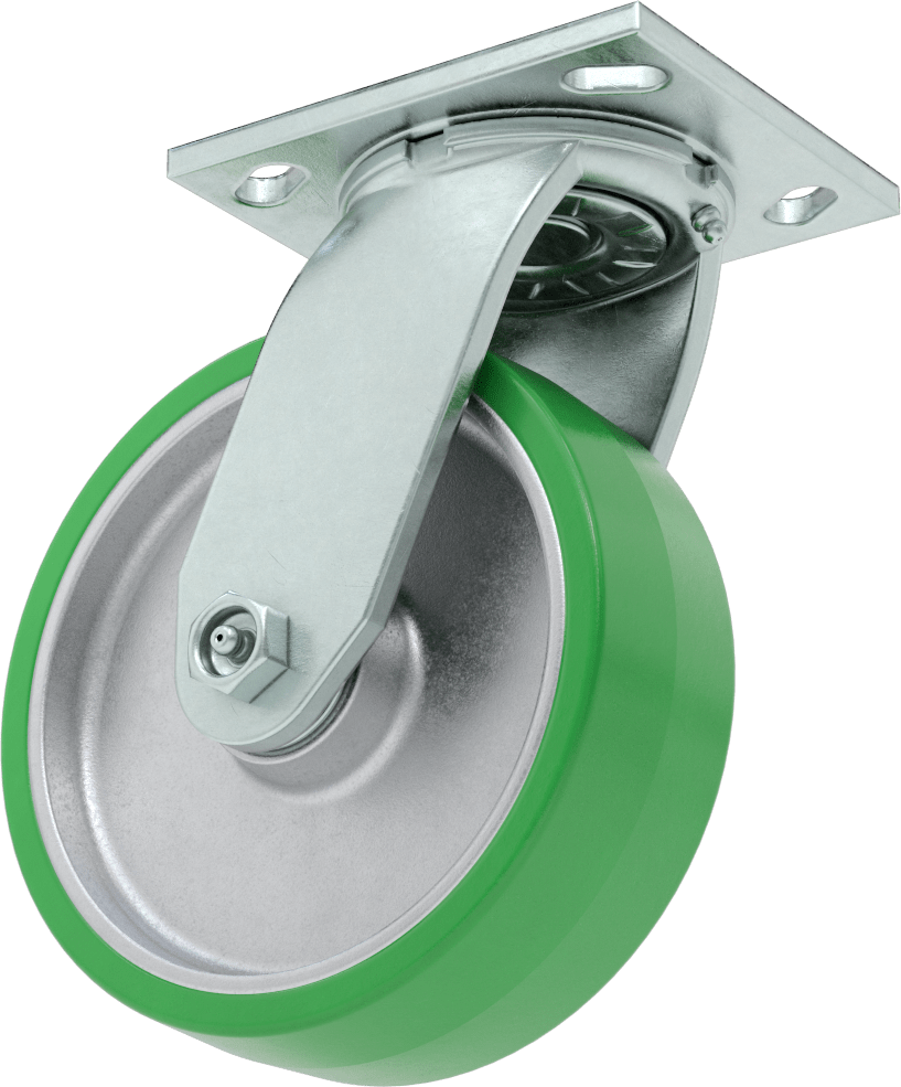 4-1/2" x 4" Plakalı Yüksek Kapasiteli Spartan Tekerlek, 6 inç Çapında Açık Rulmanlı Poliüretan Tekerlekli Döner — 6", Levha, 1,200 lb.