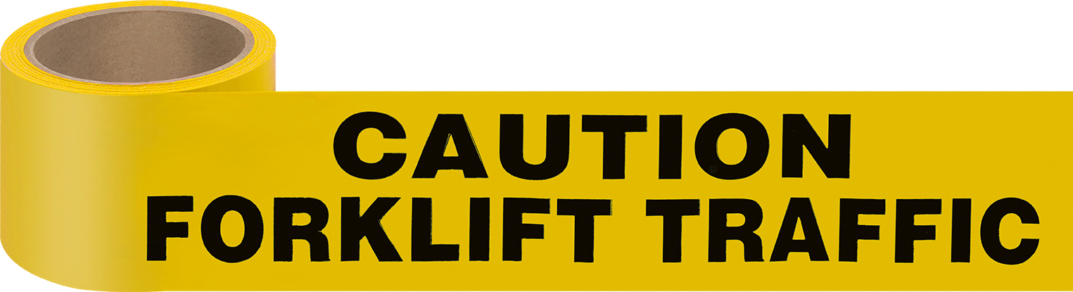 Mesajlı Zemin İşaretleme Bandı, Dikkat Forklift Trafiği, Sarı, 54 Fit Uzunluk — 3", Rulo, Mesajlı Katı