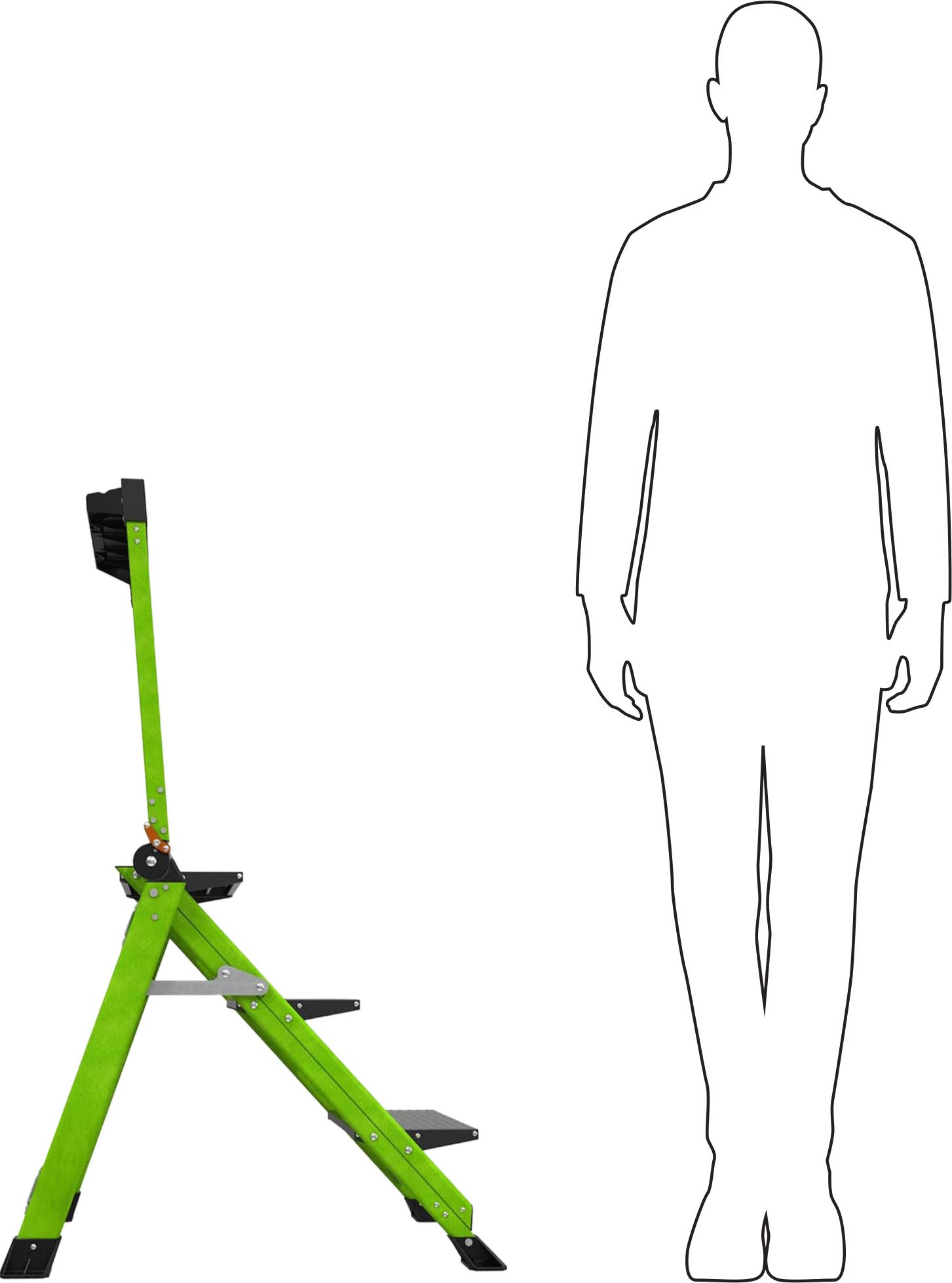 Fiberglas Katlanabilir Basamaklı Tabure, Korkuluklu, 3 Yivli Basamak, 42" Yükseklik x 21" Genişlik Toplam