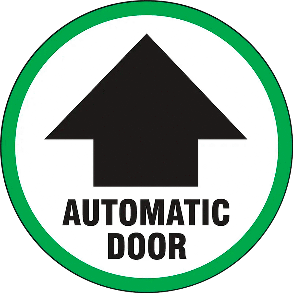 Kapı Etiketi, Yukarı Oklu Otomatik Kapı Mesajı, 6" Çap — Arrow, Automatic Door, Yuvarlak, Yapışkan Arka Yüz