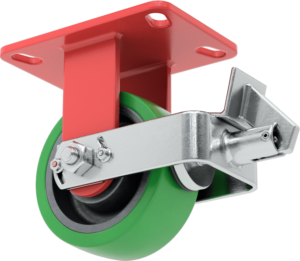 6-1/2" x 4-1/2" Plakalı Yüksek Kapasiteli Kingston Tekerlek, Frenli ve 5 inç Çapında Yeşil Poliüretan Tekerlekli Sabit — 5", Levha, Sert