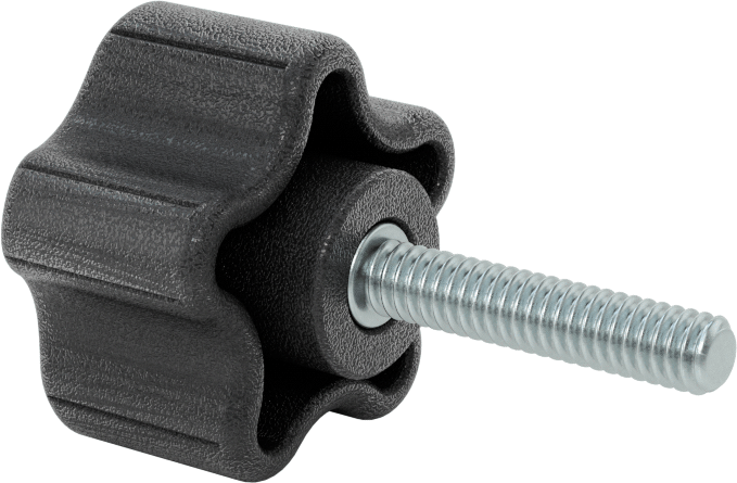 Rahat Tutuşlu Plastik Beş Kollu Topuz, 1/4"-20 Dişli 1-1/4" Uzunluğunda Saplamalı, 1-1/2" Genişlik Başlık