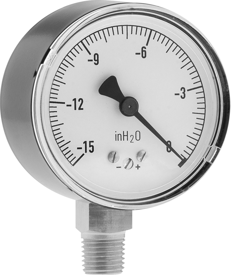 1/4 NPT Erkek Alt Bağlantılı Ultra Düşük Vakummetre, 2-1/2" Kadran, Boyalı Çelik Kasa, -15 ila 0 inç H2O