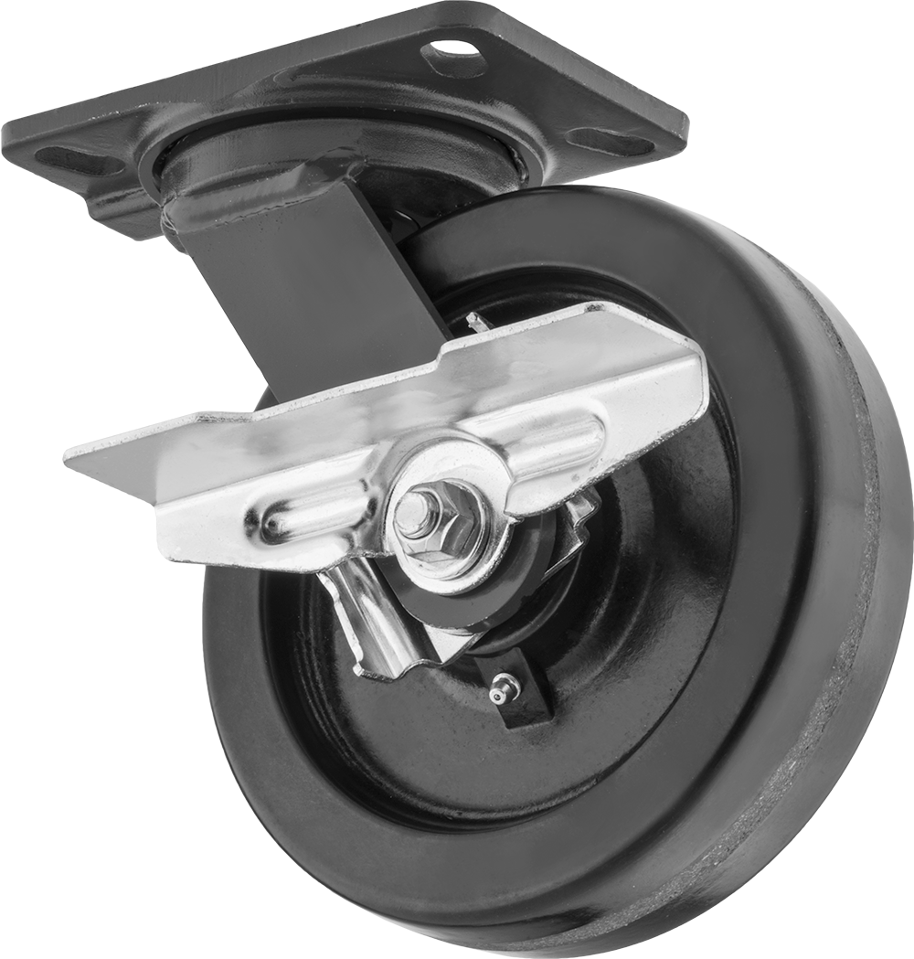 6-1/2" x 4-1/2" Plakalı Yüksek Kapasiteli Kingston Tekerlek, Frenli Döner Tekerlek ve 4 inç Çapında Fenolik Tekerlek — 4", Levha, Döner