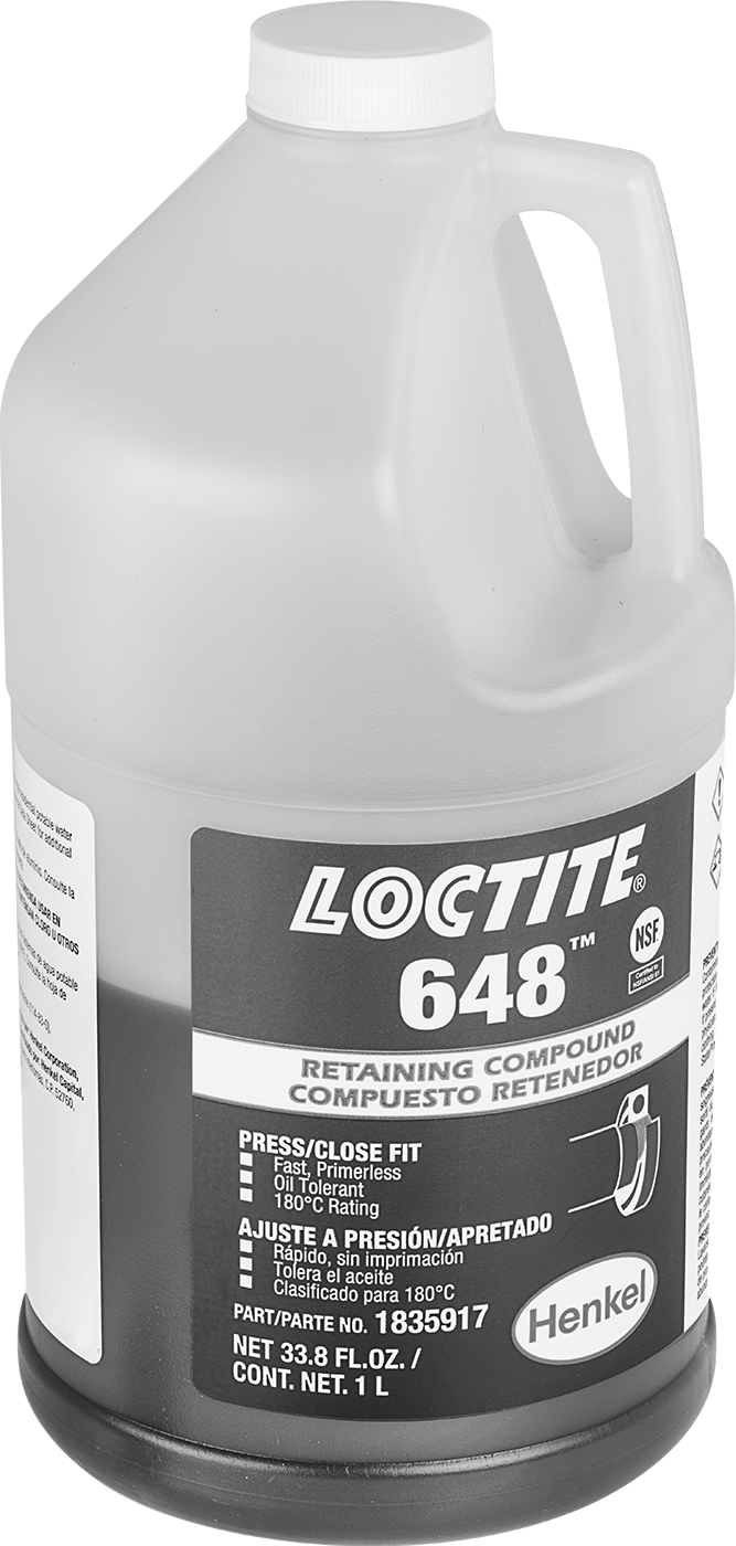 Sabitleme Bileşiği, Yağlı Kapalı Parçalar için, Loctite® 648, 33.8 FL. oz — Yeşil, Şişe, Aluminum, Brass, Bronze, Cast Iron, Copper, Iron…