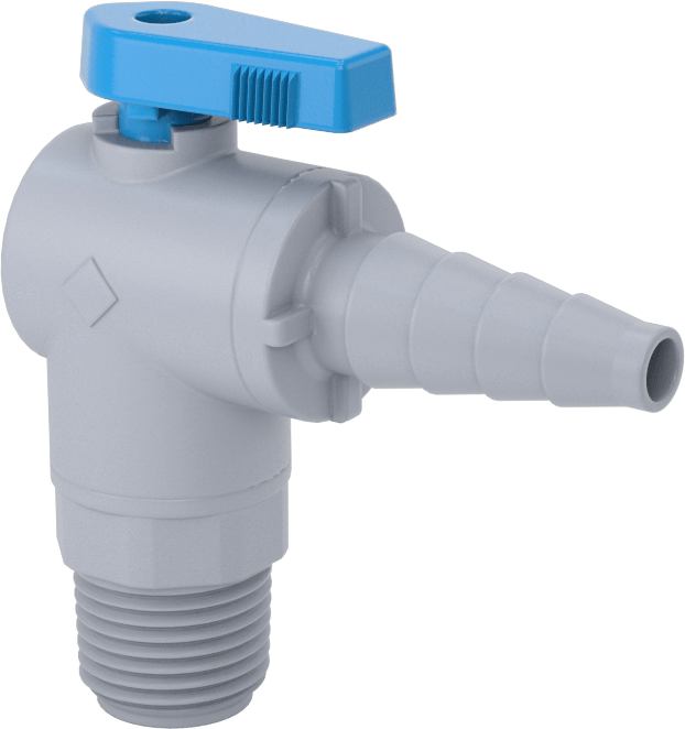 Tırnaklı Bağlantı Parçalı Plastik Açma/Kapama Vanası, 3/8", 1/2" ve 5/8" boru iç çapı x 1/2 NPT erkek, Dirsek