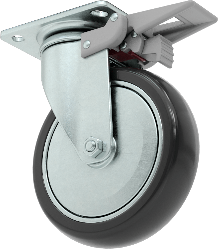3-3/4" x 2-3/4" Plakalı Statik Kontrol Tekerlek, Kilitli ve 5" x 1-1/4" Siyah Tread-on-Core Kauçuk Tekerlekli Döner Tekerlek — 6 1⁄2", Le…