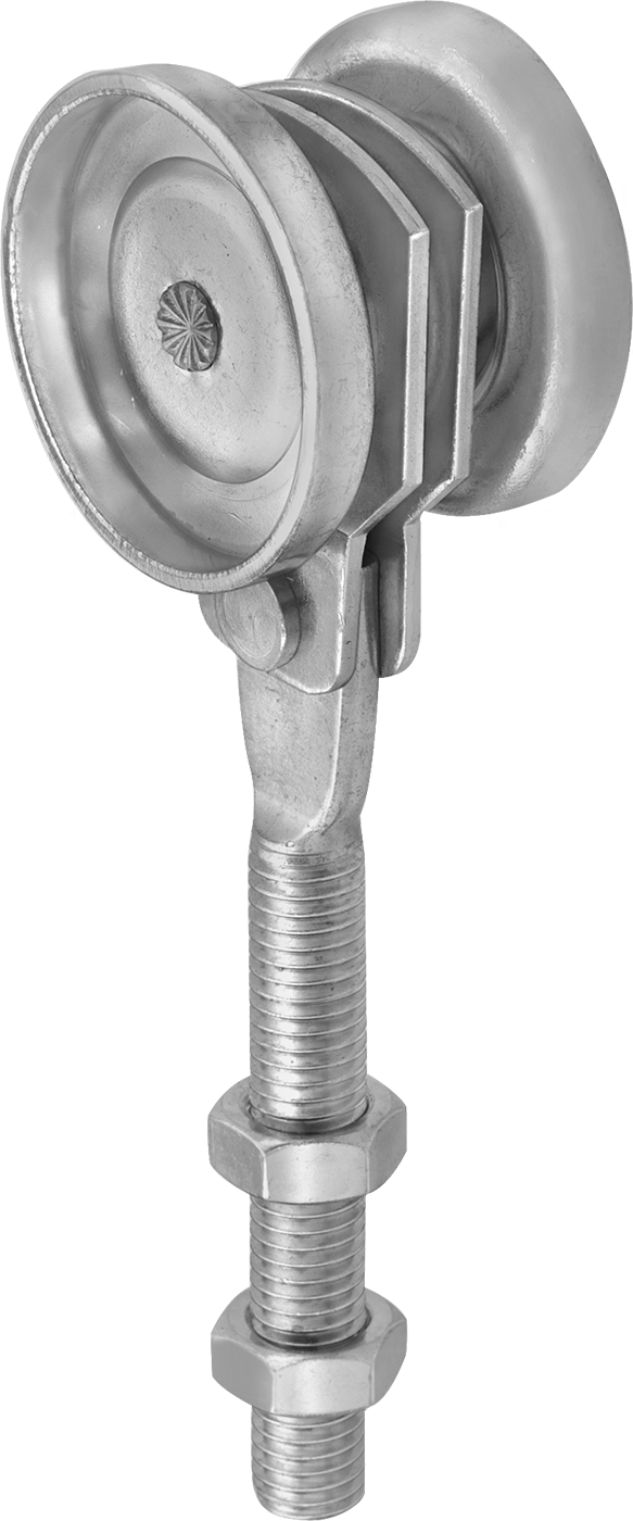 Çinko Kaplı Çelik Makaralı Ray Askısı, 1-3/4" İç Ray Genişliği için Cıvatalı, 6-5/16" Yükseklik — Metal, Steel, Wood, 300 lb., Askı