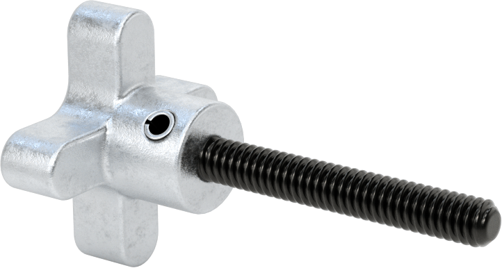 Alüminyum dört kollu topuz, 1/4"-20 Dişli 1-3/4" Uzunlukta Saplamalı, 1-1/2" Genişlik Başlık