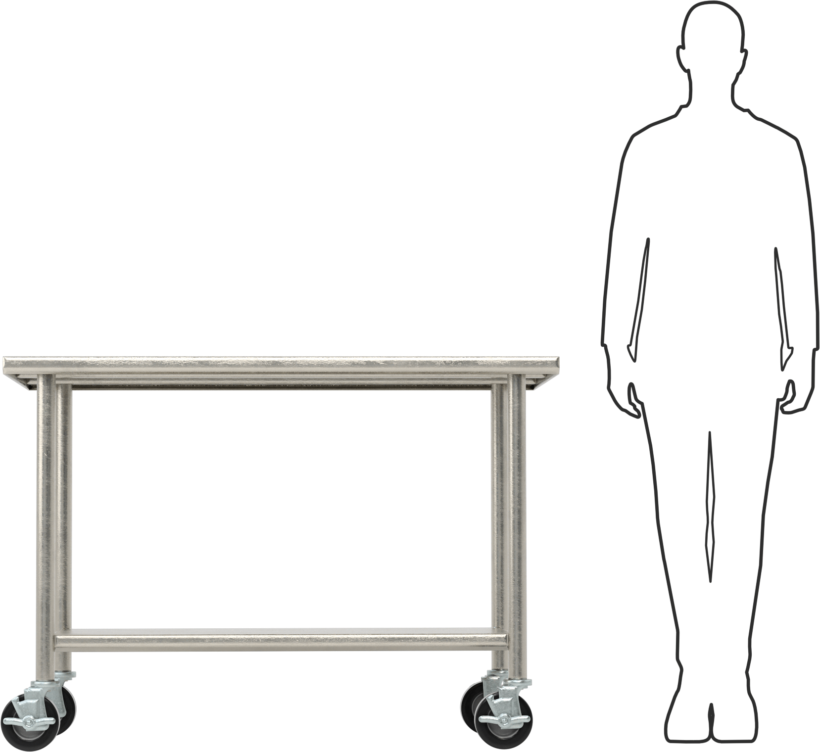 Paslanmaz Çelik Masa, Raflı, Mobil, 34" Yükseklik x 48" Genişlik x 30" Derinlik