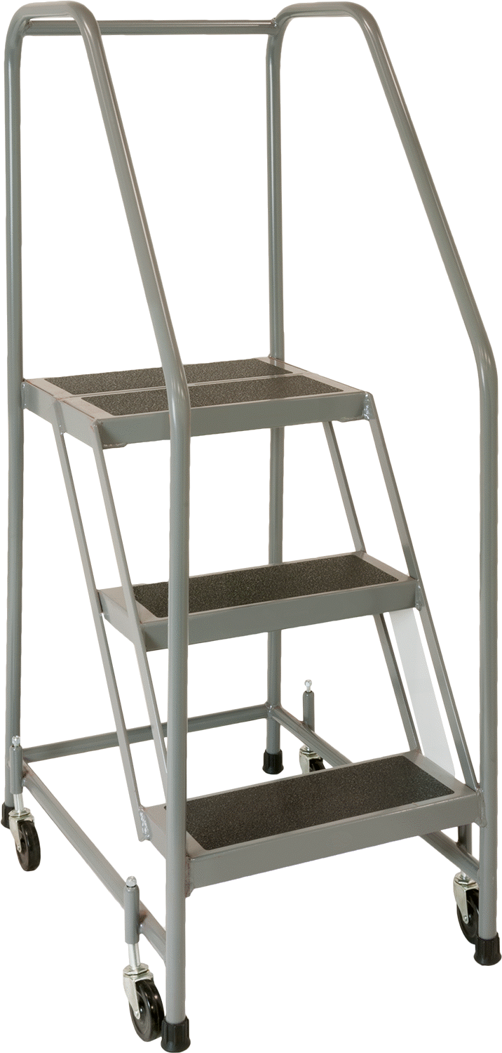 Yuvarlanan Platform Merdiveni, 3 Kauçuk Kaplı Basamak, 4'6" Yükseklik x 21" Genişlik x 31" Derinlik Toplam — 30", 3, 16"