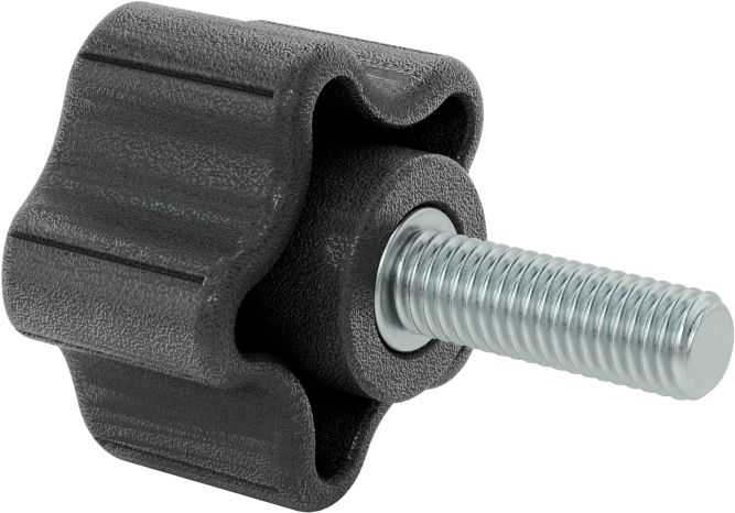 Rahat Tutuşlu Plastik Beş Kollu Topuz, M8 x 1.25 mm Dişli 25 mm Uzunlukta Saplama, 39 mm Genişliğinde Başlık