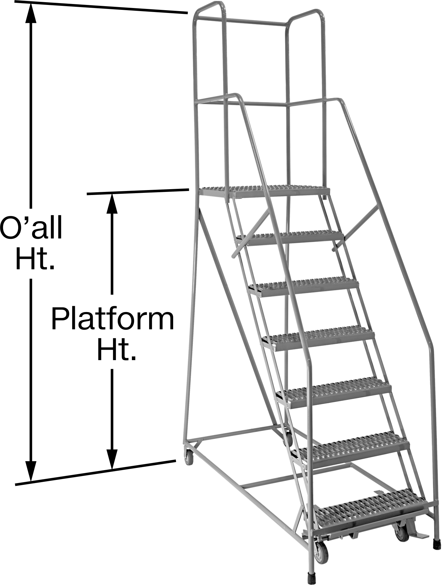 Yuvarlanan Platform Merdiveni, 2 kaplamalı basamaklı, 4'2" Yükseklik x 21" Genişlik x 23" Derinlik Toplam — 20", 2, 16"