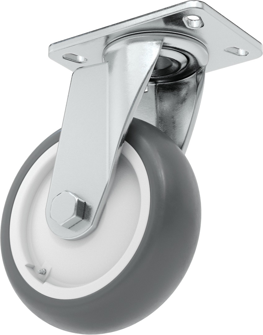 6-5/8" x 4-3/4" Plakalı Kolay Dönen Tekerlek, Yüksek Kapasiteli, 8 inç Çapında Gri Poliüretan Tekerlekli Döner Ayak — 8", Levha, 1,100 lb.