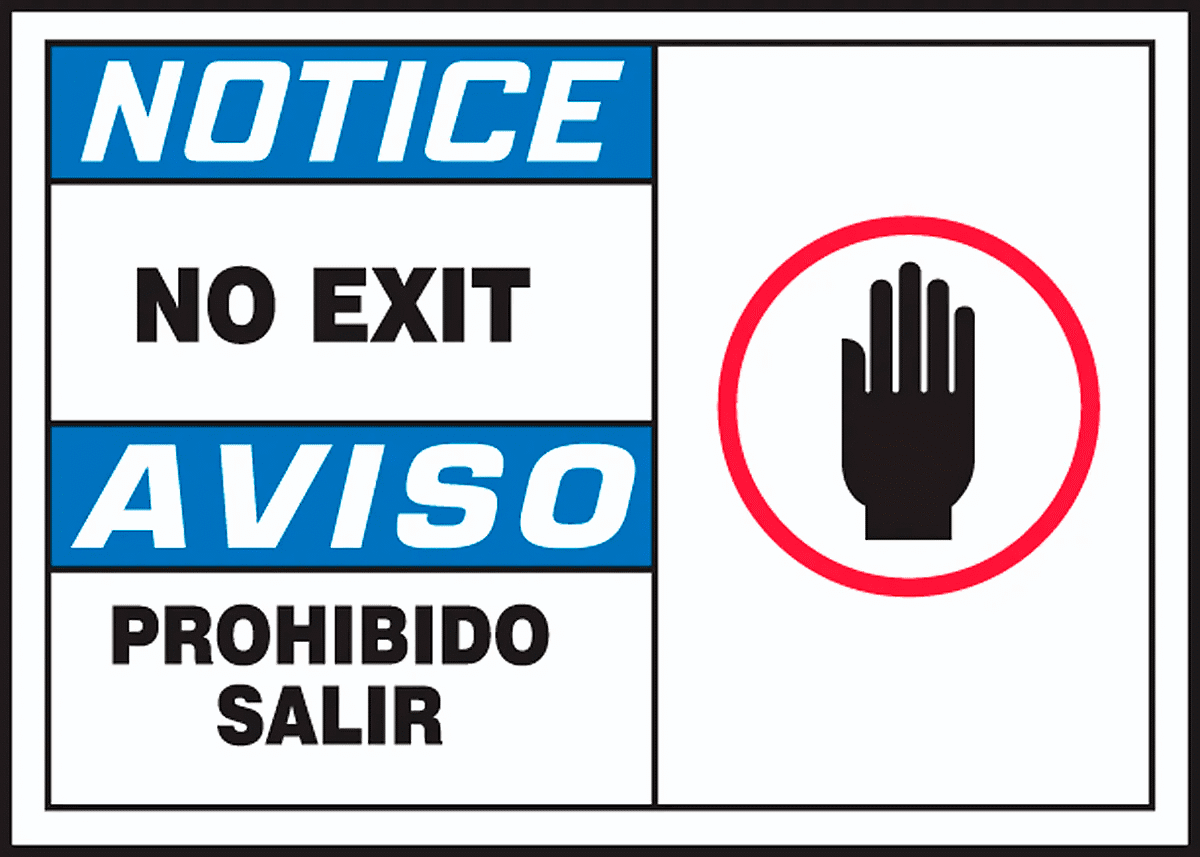 Kapı Etiketi, (Duyuru - Çıkış Yok/Aviso...), 3-1/2" Yükseklik x 5" Genişlik — Bildirim—Çıkış Yok/Aviso—Prohibido Salir, Dikdörtgen, Yapış…