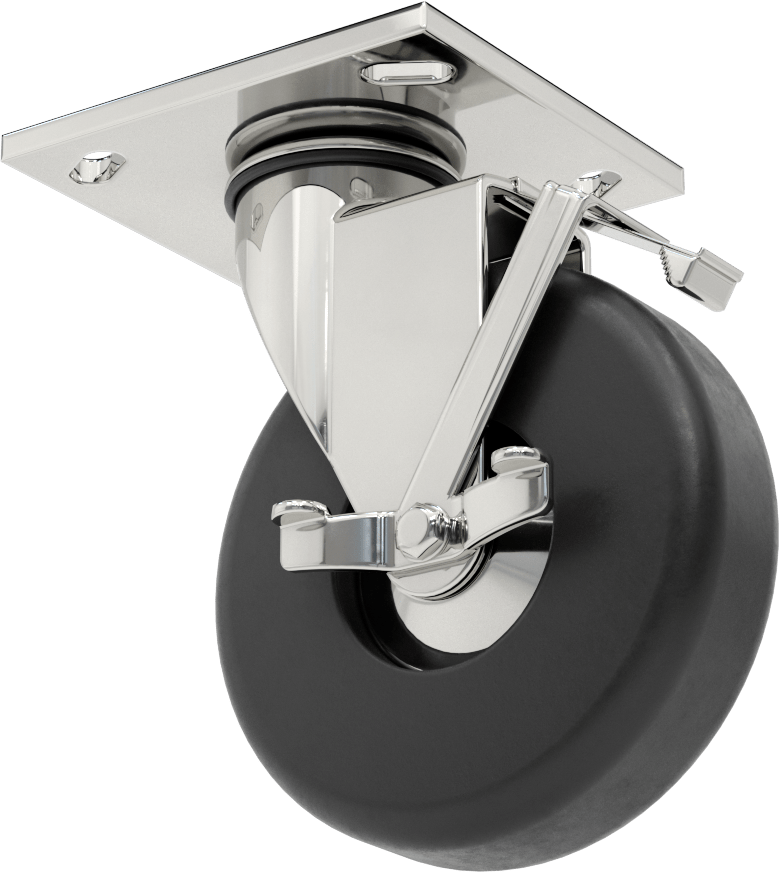 4-1/2" x 4" Plakalı Parlak Yüzeyli Tekerlek, Frenli Döner Tekerlek ve 5" Çaplı Kauçuk Tekerlek