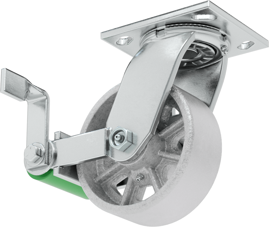 4-1/2" x 4" Plakalı Yüksek Kapasiteli Spartan Tekerlek, Frenli Döner Tekerlek ve 5" Çapında Açık Rulmanlı Metal Tekerlek
