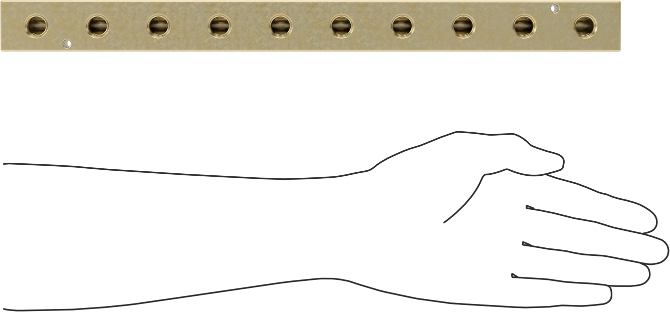 Pirinç Dik Açılı Akış Dikdörtgen Manifold, Ekstra Geniş Çıkış Boşlukları, 10 Çıkış, 3/8 NPT X1/4 NPT