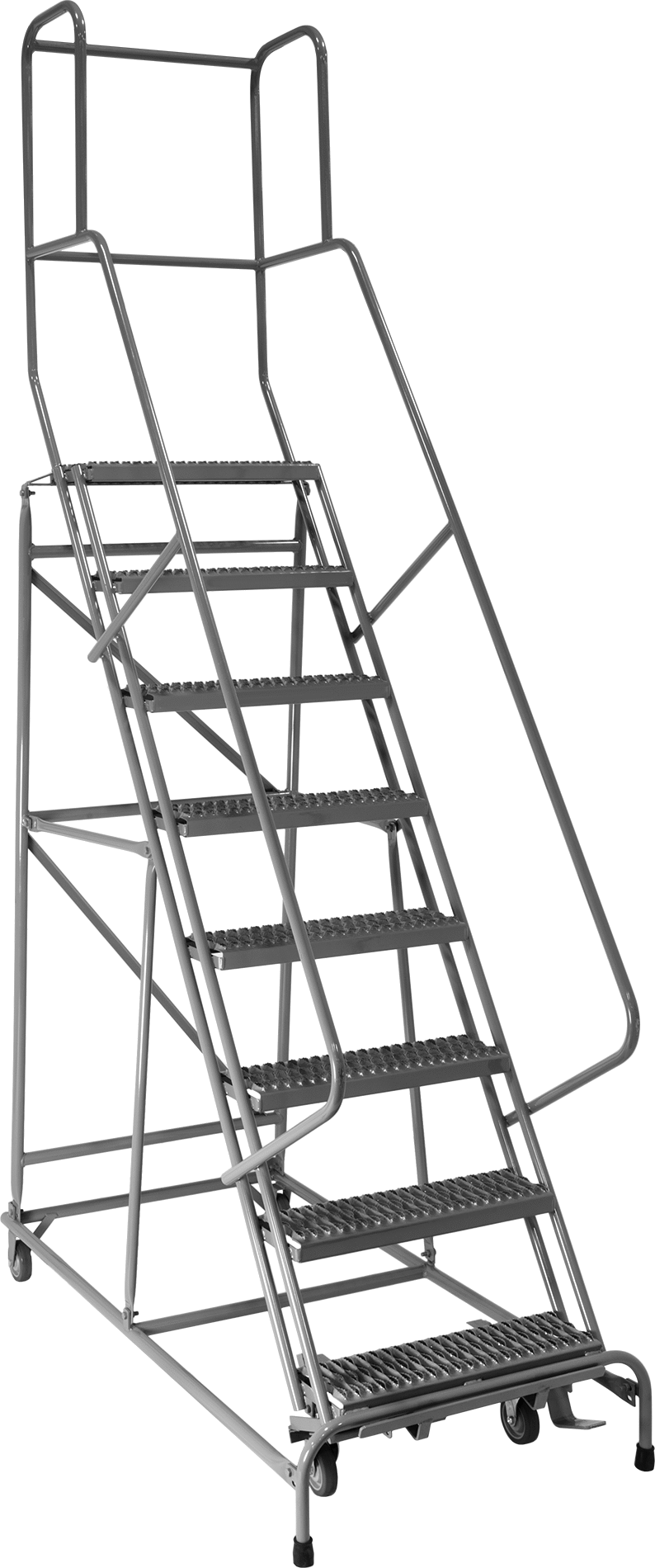 Ekstra Destekli Yuvarlanma Platformu Merdiveni, Tırtıklı Basamaklar, 8'6" Yükseklik x 30" Genişlik x 46" Derinlik