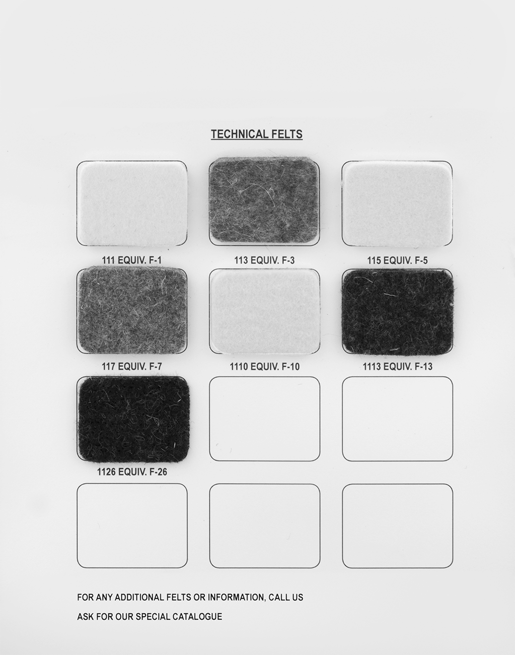Keçe Seçici Paketi, 7-Parçalı — One 1 3⁄4" × 1 3⁄8" piece each of F1, F3, F5, F7, F10, F13, and F26 felt on a sample sheet, 7, Amerika Bi…
