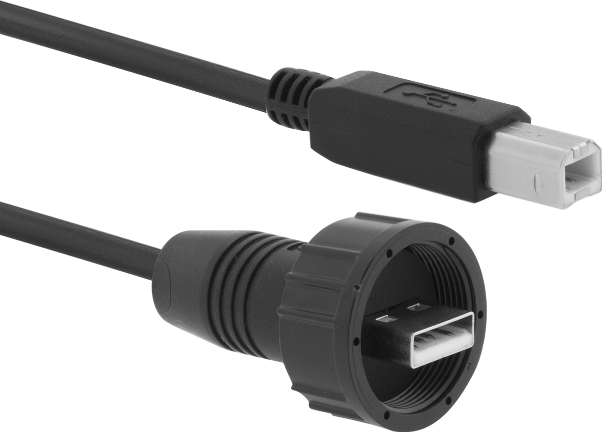 Islak Ortam USB Kablosu, Vidalı Muhafazalı A Fişi x B Fişi, 6 Fit Uzunluk — IP67, 2.0, 6 ft.