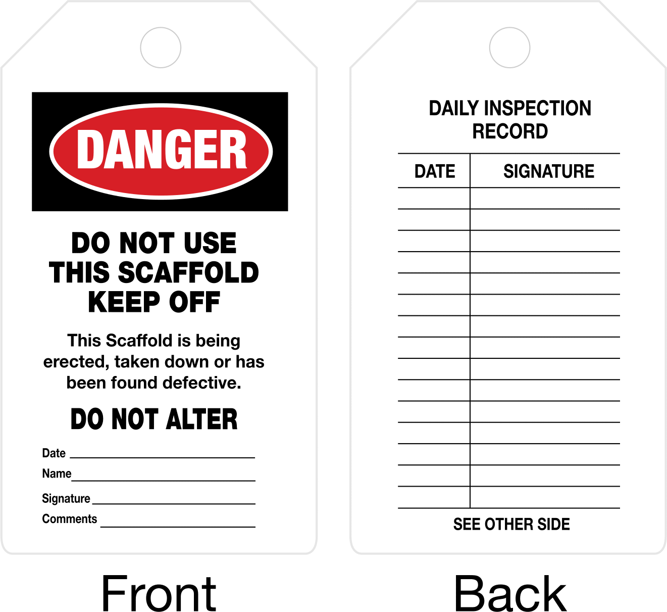Denetim Kaydı Etiketleri, (Tehlike - Kullanmayın...), Sentetik Kağıt — Daily Inspection Record, Danger—Do Not Use This Scaffold Keep Off,…