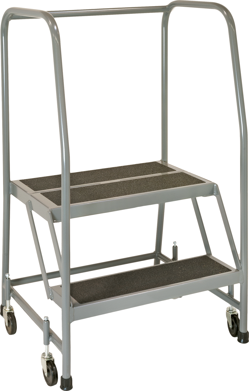 Yuvarlanan Platform Merdiveni, 2 Kauçuk Kaplı Basamak, 3'8" Yükseklik x 27" Genişlik x 24" Derinlik Toplam — 20", 2, 24"