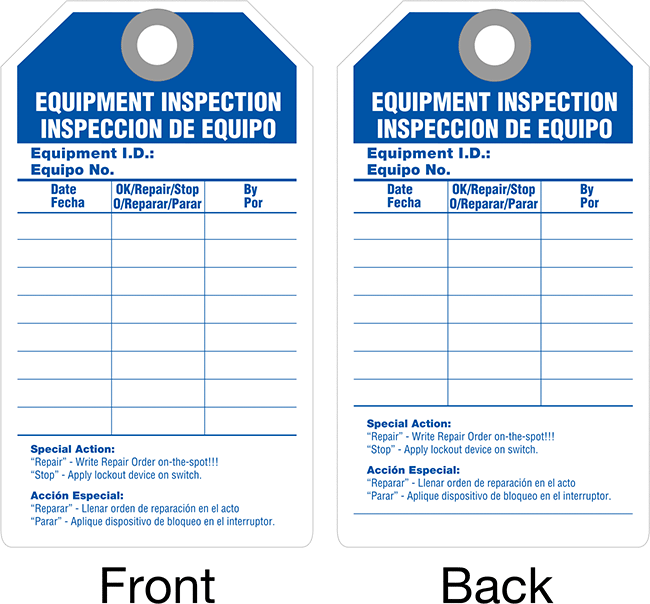 Denetim Kaydı Etiketleri, (Ekipman Muayenesi), İngilizce/İspanyolca, Sentetik — Equipment Inspection/Inspeccion De Equipo, Nylon, Paper,…