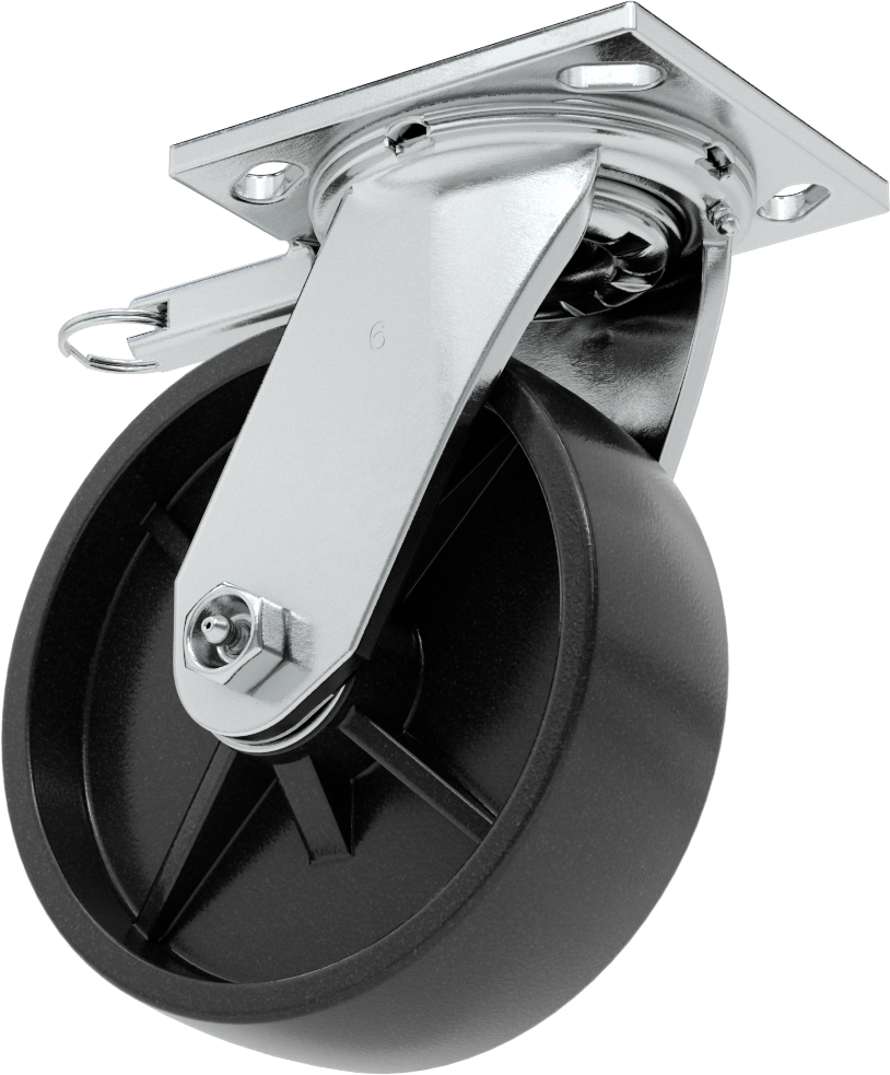 4-1/2" x 4" Montaj Plakalı Samson Tekerlek, Döner Kilitli ve 6 inç Çapında Polipropilen Tekerlekli Döner, Koruyuculu Rulman — 6", Levha, 2"
