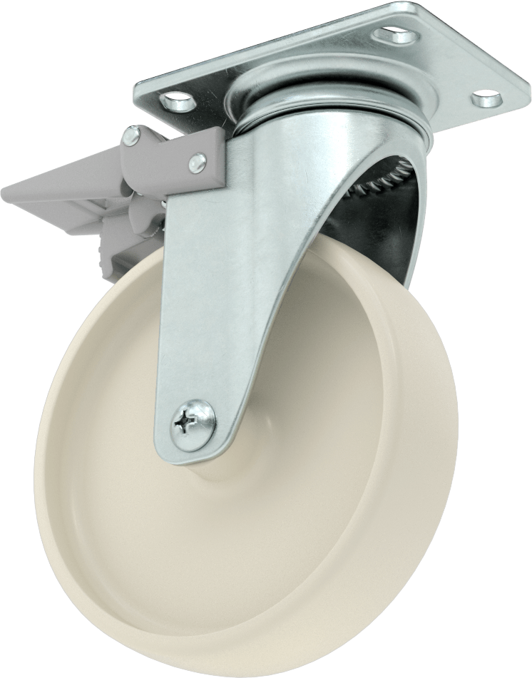 3-3/4" x 2-3/4" Plakalı Parlak Yüzeyli Tekerlek, Tam Kilitli ve 5" Çapında Naylon Tekerlekli Döner