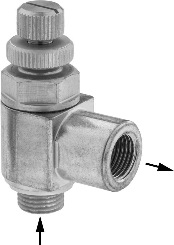 Dirsek Hava Akış Kontrol Vanası, Pirinç 1/8 NPT Giriş x 1/4" Push-Connect Çıkış, M5 x 0.8 mm Erkek Giriş, M5 x 0.8 mm Dişi Çıkış