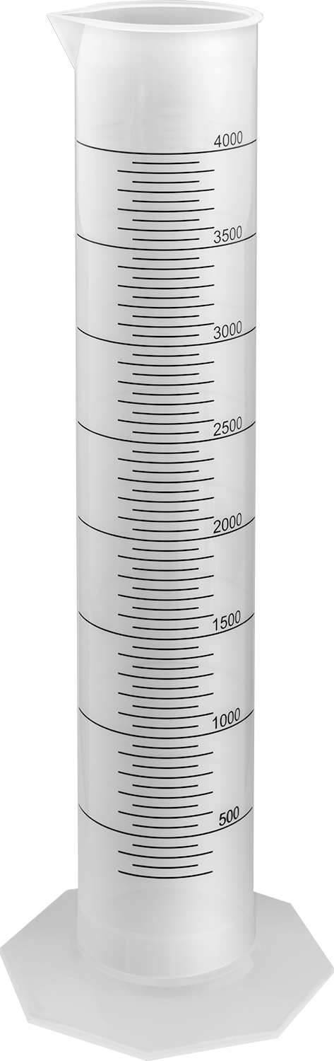 Kolay Karıştırmalı Polipropilen Plastik Ölçülü Silindir, Sınıf B, 135 FL. oz./4000 ml Kapasite — 50 ml, 4 5⁄16", Plastic, Polypropylene