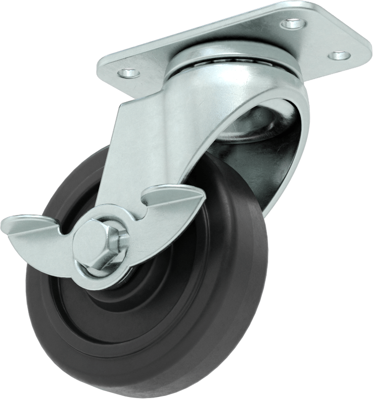 3" x 1-3/4" Plakalı Mighty-Lite Tekerlek, Frenli ve 3" Çapında 70A Durometreli Kauçuk Tekerlekli Döner Tekerlek — 3", Levha, Döner