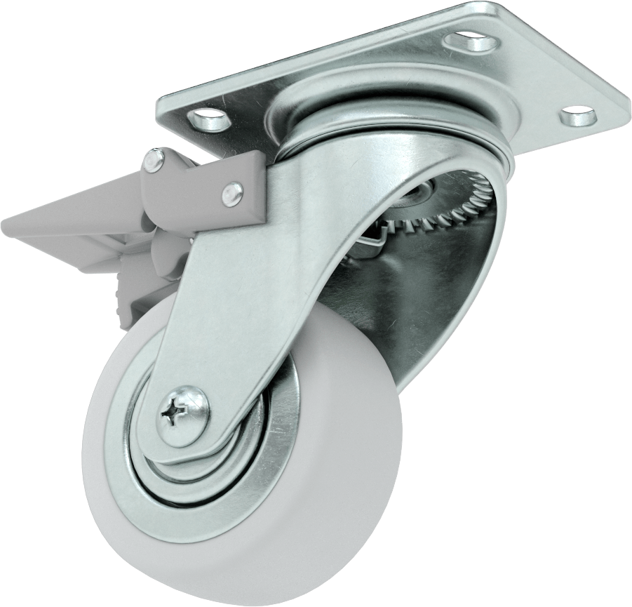 3-3/4" x 2-3/4" Plakalı Parlak Yüzeyli Tekerlek, Tam Kilitli ve 3 inç Çapında Kauçuk Tekerlekli Döner