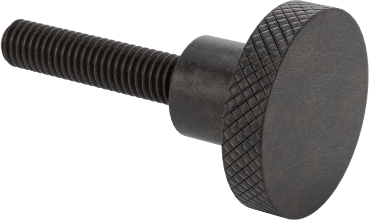 Siyah Oksit Çelik Tırtıllı Tutma Düğmesi, 3/8"-16 Dişli 1-3/4" Uzunlukta Saplamalı, 1-1/2" Çaplı Başlık