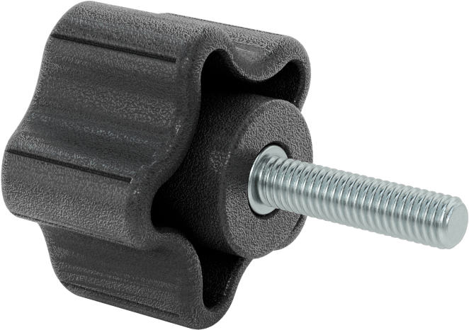 Rahat Tutuşlu Plastik Beş Kollu Topuz, M6 x 1 mm Dişli 25 mm Uzunlukta Saplamalı, 39 mm Genişliğinde Başlık