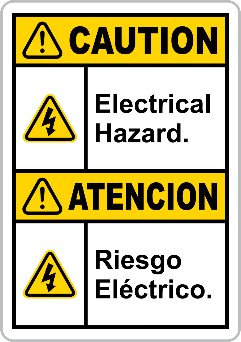 Kaza Önleme Etiketi, İngilizce/İspanyolca, (Dikkat-Elektrik. . .), 5" x 3.5" — Yapışkan Arka Yüz, Dikkat—Elektrik Tehlikesi/Atencion—Ries…