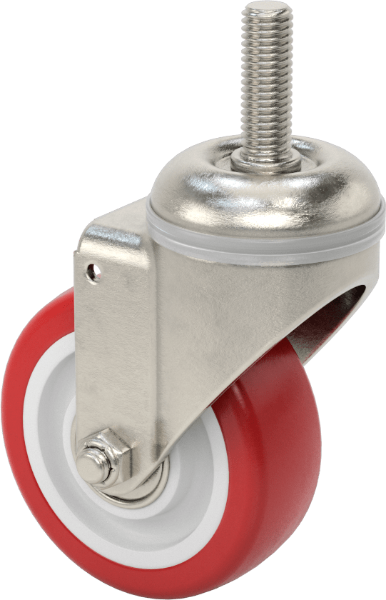Paslanma ve Aşınmaya Dayanıklı Dişli Saplı Döner Tekerlek, 3-1/2" Çaplı Poliüretan Tekerlekli — Mil, 304 Stainless Steel, Stainless Steel…