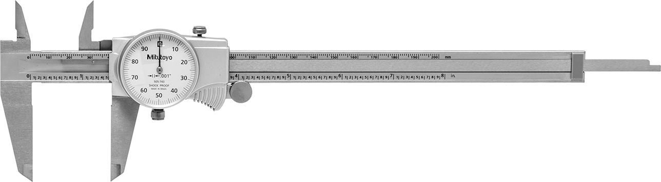Mitutoyo Kadranlı Kumpas, Model Numarası 505-743, 0" ila 8" Ölçüm Aralığı — Kadran, Beyaz, Paslanmaz Çelik