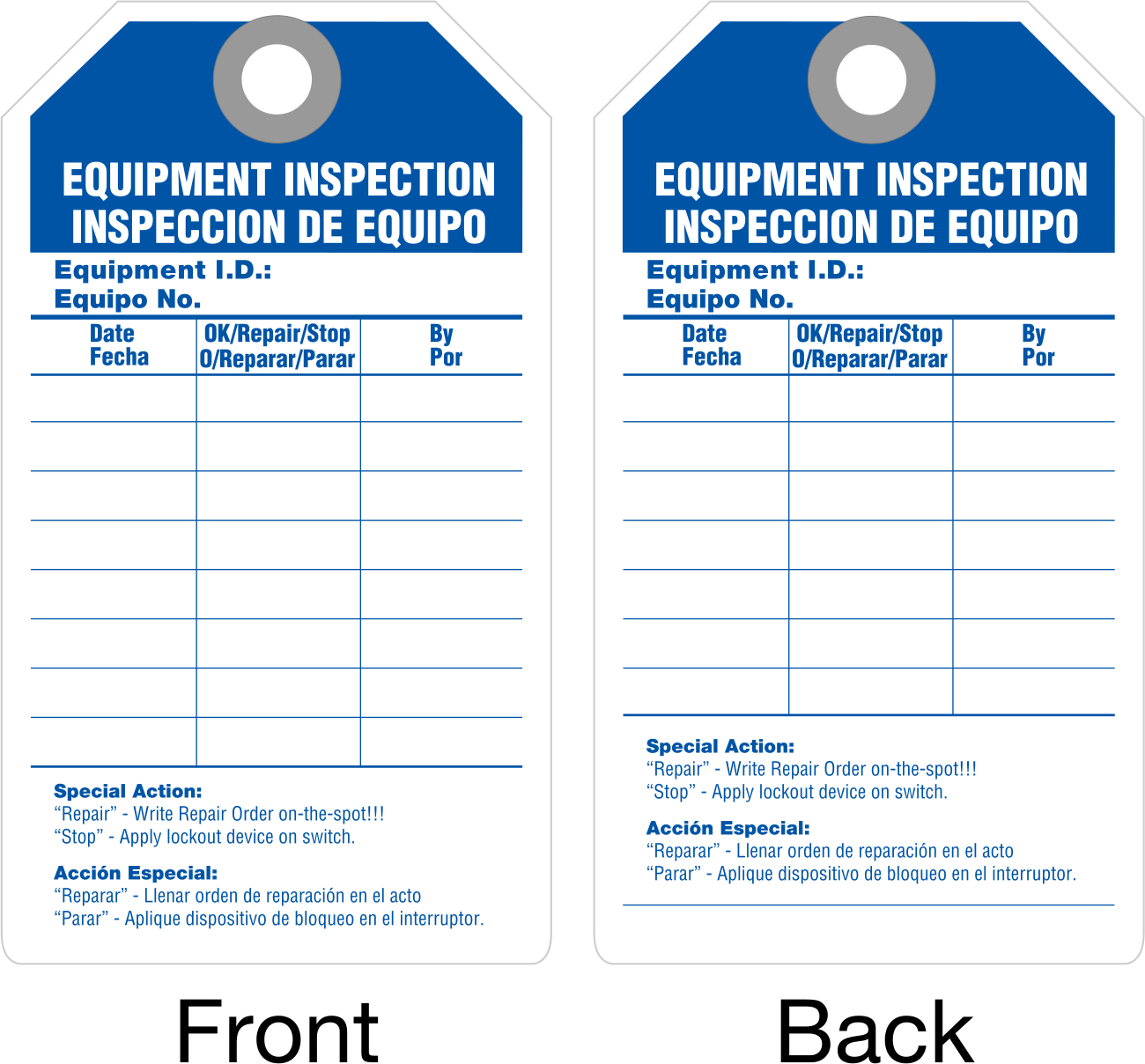 Denetim Kaydı Etiketleri, ((Ekipman...), İngilizce/İspanyolca, Plastik Lamine — Equipment Inspection/Inspeccion De Equipo, Metal, Nylon,…