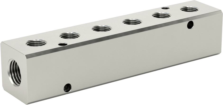 Nikel Kaplı Alüminyum Dik Açılı Akış Manifoldu, Tek Tarafta 6 Çıkışlı, 1/4 NPT x 1/8 NPT
