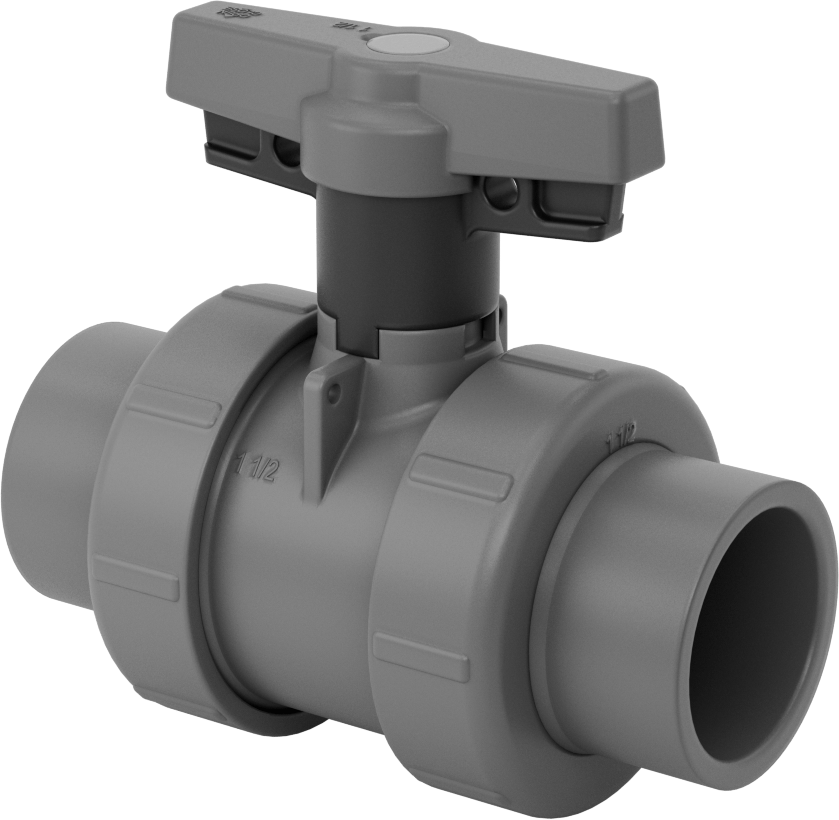 Kolay Kurulumlu Çift Bağlantalı PVC Küresel Vana, Kimyasallar için, Kilitlenebilir, 1-1/2 Soket Bağlantılı Dişi — 1 1⁄2, 40, 80, Socket C…