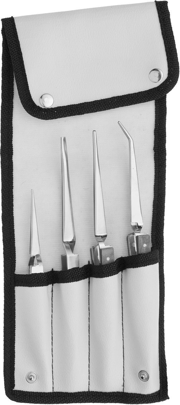 Sıkarak Açılan Cımbız, 4-Parça Set — 400 Serisi Paslanmaz Çelik, 4, 4 1⁄2" O'all Lg. Tweezers with 0.060" Wd. × 0.030" Thick. Round Tips…
