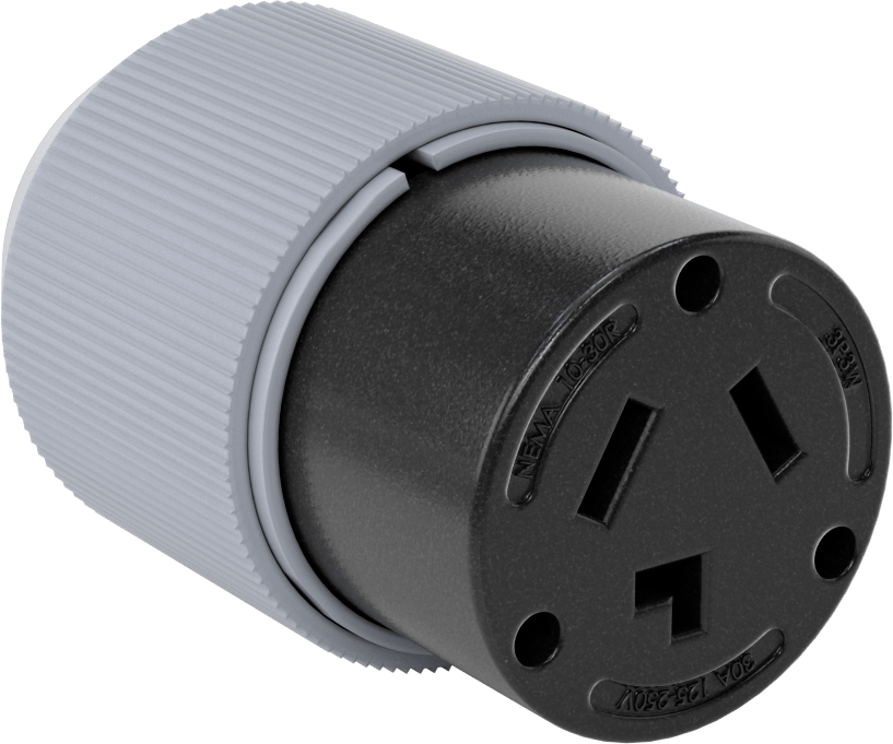 Düz Bıçaklı Konektör, Topraklanmamış Üç Yuvalı Priz, NEMA 10-30, Siyah — 125V AC/250V AC, Dişi, 30A