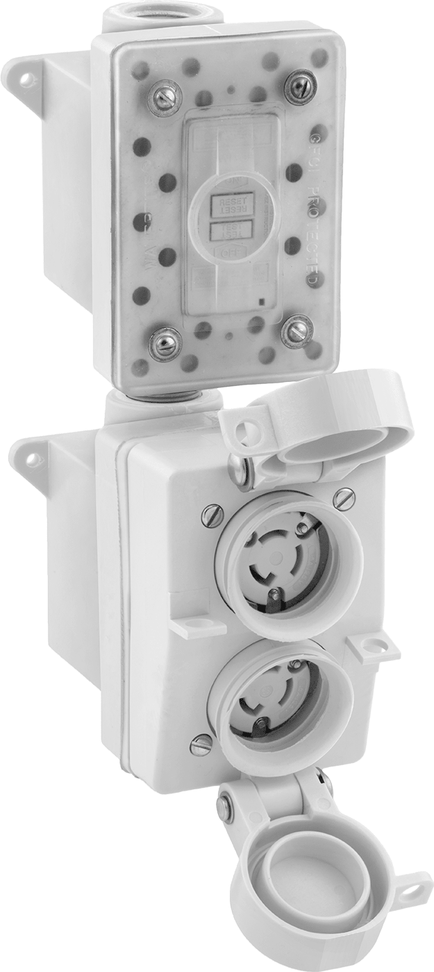 Yıkanabilir Döner Kilit Konektörü, Çiftli GFCI Priz, Üç Yuvalı Dişi, L5-15, Sarı — L5-15, 125V AC, Aşındırıcı, Tozlu, Yağlı, Dış Mekan, D…