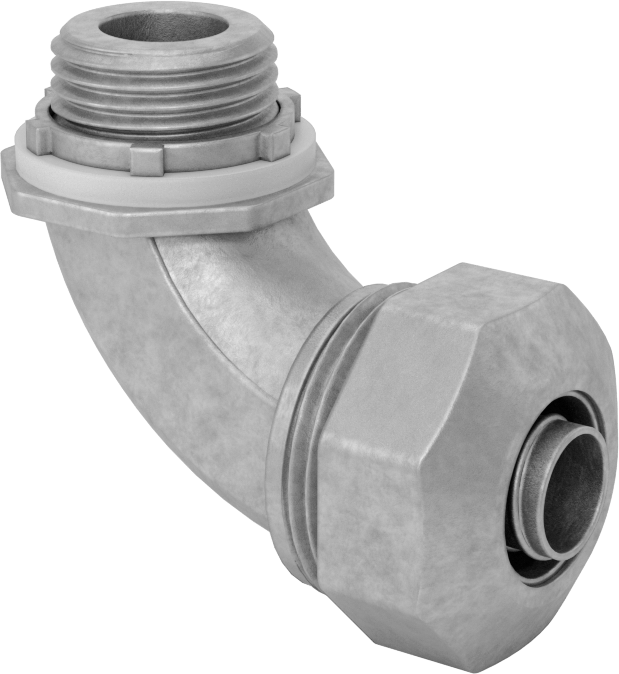 Sıvı Sızdırmaz Esnek Metal Kanal Adaptörü, Somunlu, Çinko 90 Derece, 3/8 Anma Ölçüsü Dişi ve 1/2 NPT Erkek — 90° Dirsek, Çinko, Yıkama