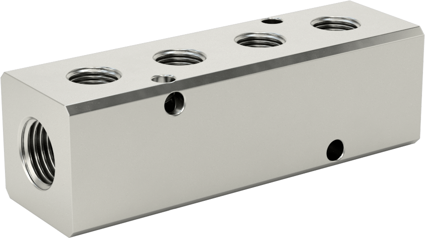 Nikel Kaplı Alüminyum Dik Açılı Akış Manifoldu, bir tarafta 4 çıkış, 1/4 NPT x 1/8 NPT