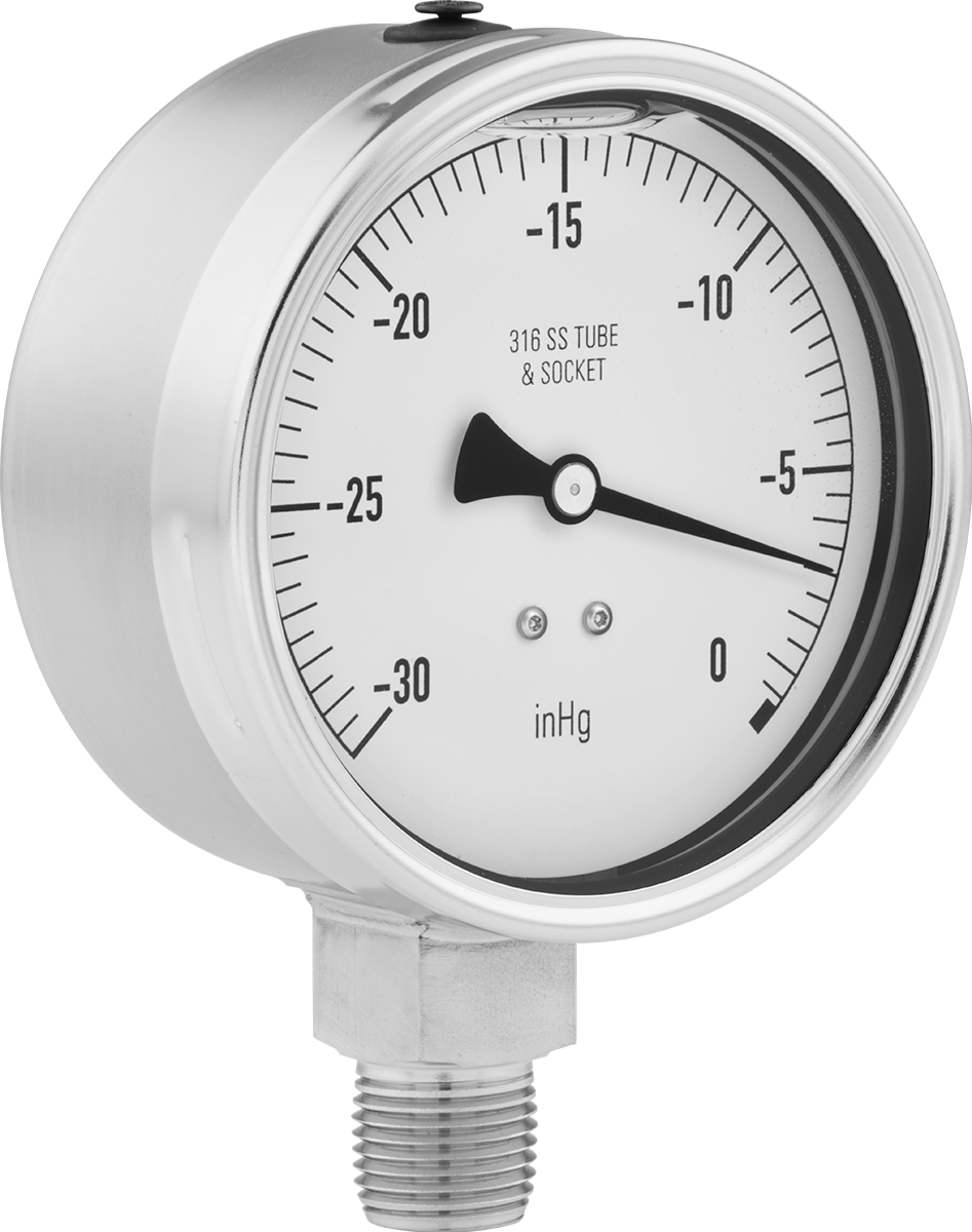 Tek Ölçekli Titreşim ve Paslanma ve Aşınmaya Dayanıklı Gösterge, Vakum, 4" Kadran, 1/2 NPT Alt Bağlantı, 30 ila 0 in. Hg