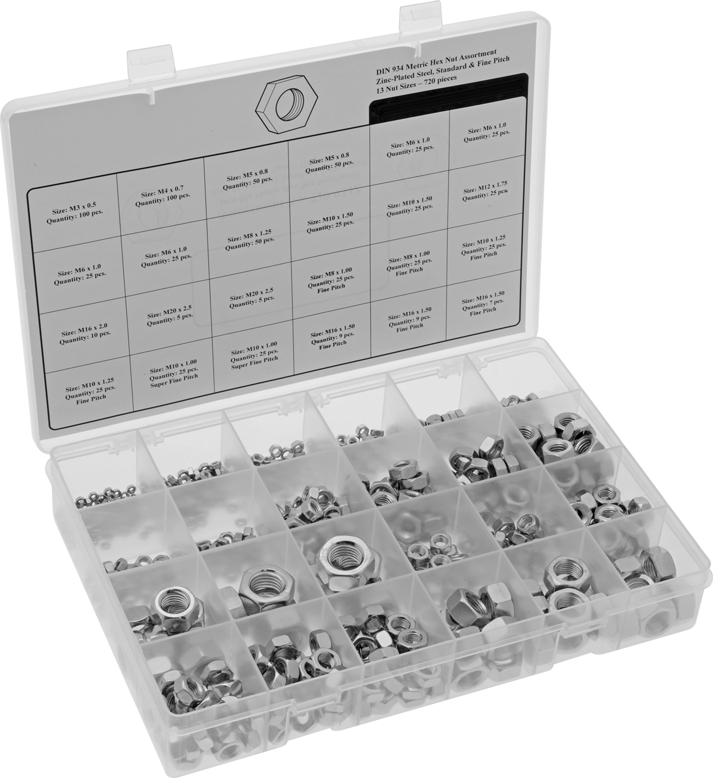 Çinko Kaplı Çelik Altıköşe Somun Çeşitleri, Metrik, ISO Sınıf 6 ve Sınıf 8, 720 Parça — M3, M4, M5, M6, M8, M10, M12, M16, M20, Çelik, Al…