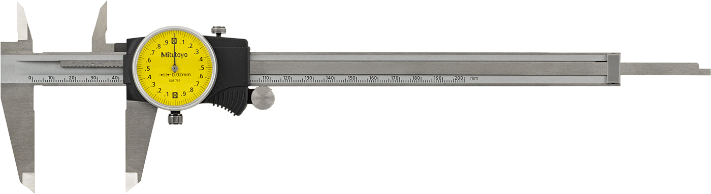 Mitutoyo Kadranlı Kumpas, NIST Sertifikalı, Model Numarası 505-731, 0 mm ila 200 mm Aralık — Kadran, Sarı, Paslanmaz Çelik